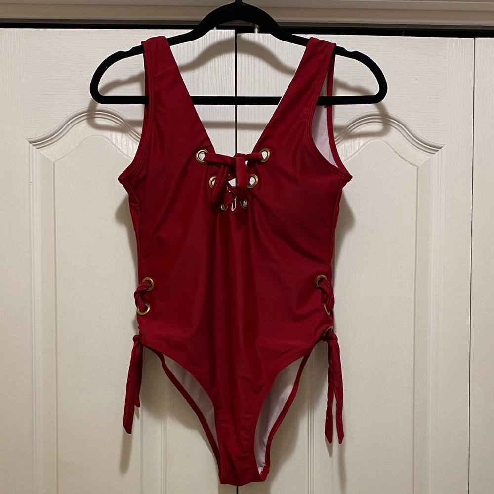 Red Lace-Up One-Piece Swimsuit